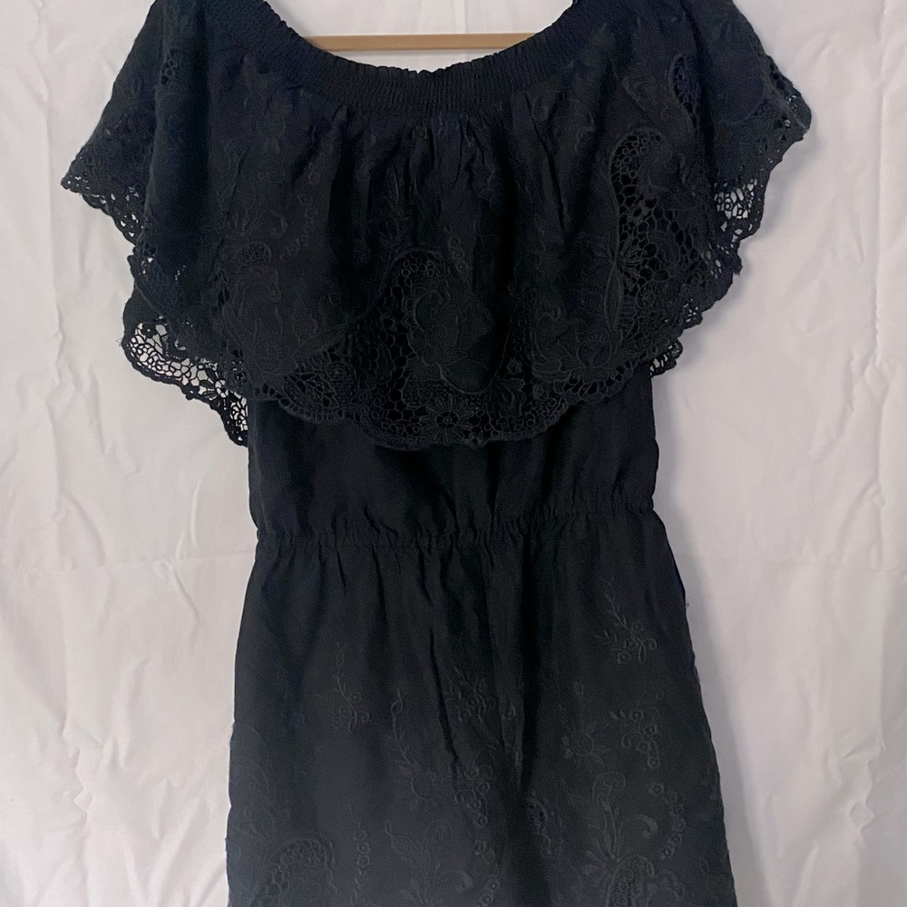Abercrombie Romper black embroidered cotton off shoulder.
